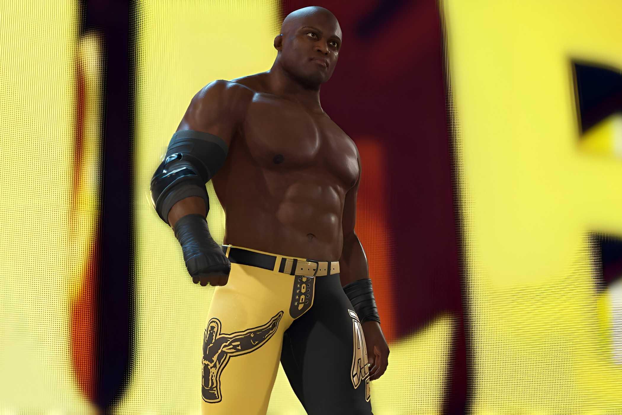A screenshot from WWE 2K23, showing Bobby Lashley, wearing yellow and black tights, make his entrance.