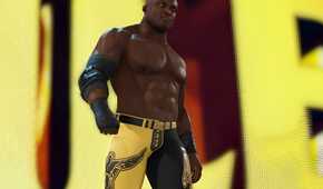 A screenshot from WWE 2K23, showing Bobby Lashley, wearing yellow and black tights, make his entrance.