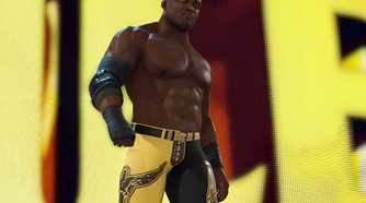 A screenshot from WWE 2K23, showing Bobby Lashley, wearing yellow and black tights, make his entrance.