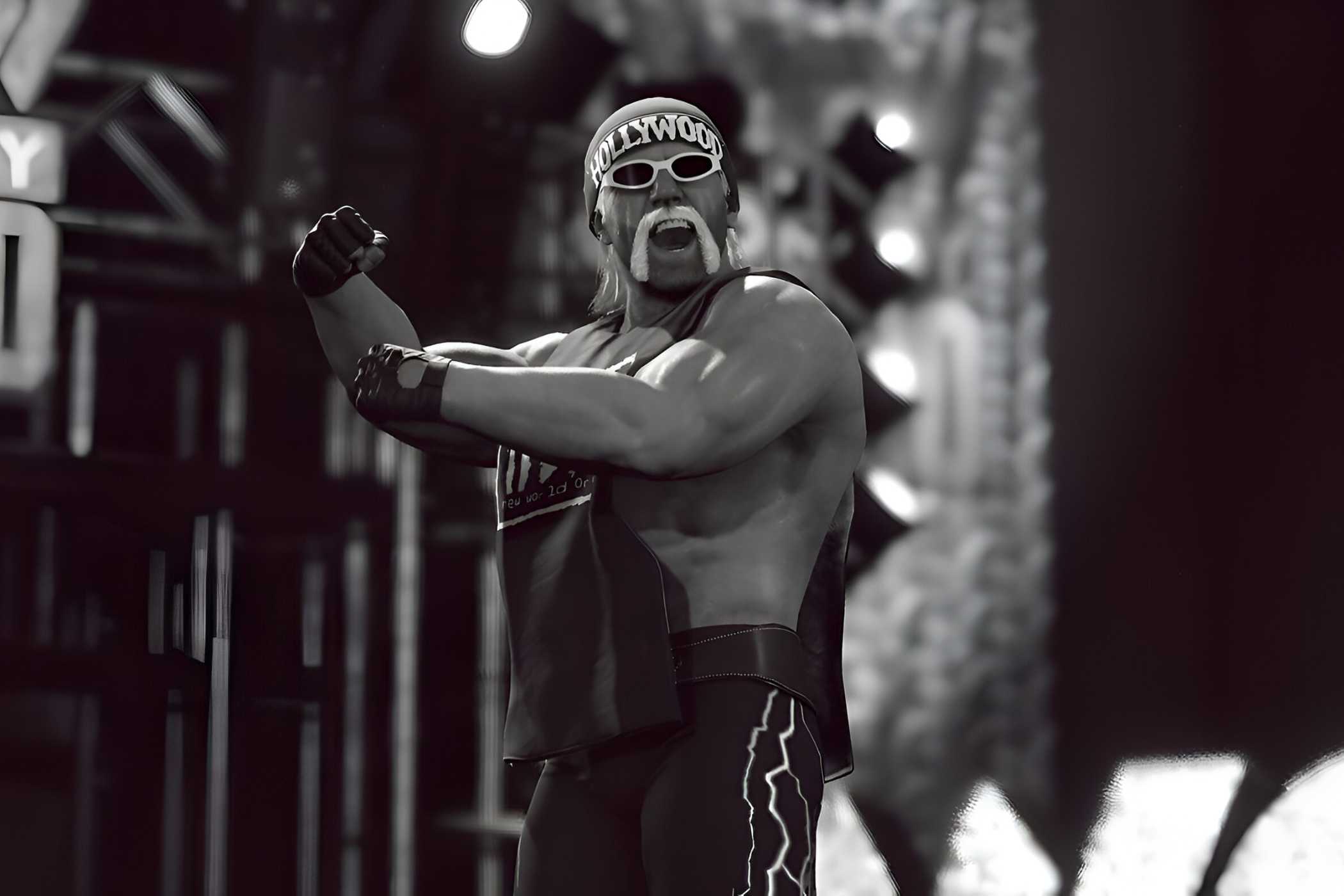 A screenshot from WWE 2K23, showing Hollywood Hulk Hogan, sporting a bandanna and goggles, make his entrance to the ring while flexing his arms.