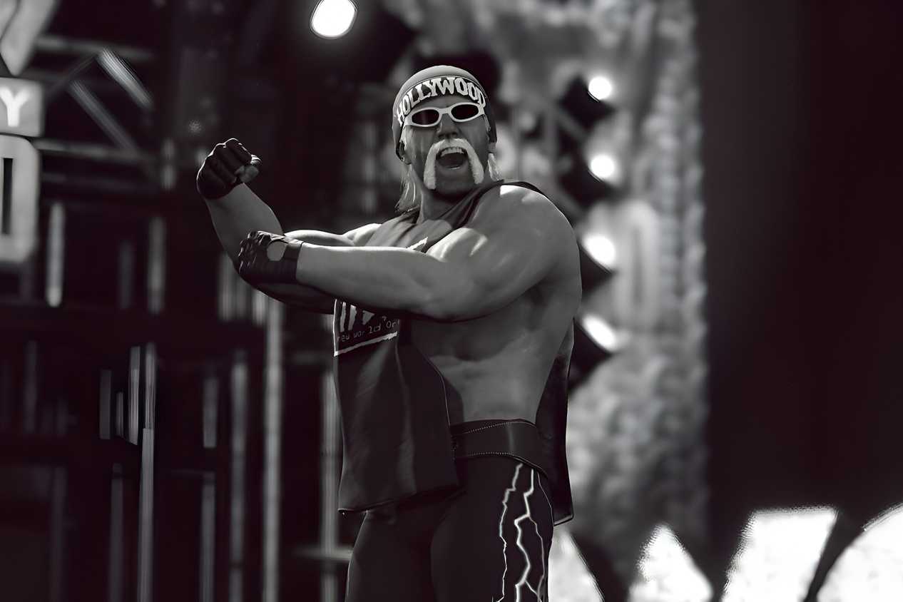 A screenshot from WWE 2K23, showing Hollywood Hulk Hogan, sporting a bandanna and goggles, make his entrance to the ring while flexing his arms.