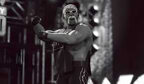 A screenshot from WWE 2K23, showing Hollywood Hulk Hogan, sporting a bandanna and goggles, make his entrance to the ring while flexing his arms.