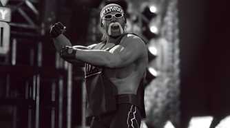 A screenshot from WWE 2K23, showing Hollywood Hulk Hogan, sporting a bandanna and goggles, make his entrance to the ring while flexing his arms.