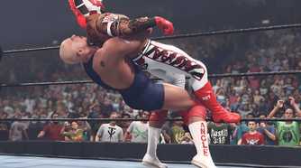 A screenshot from WWE 2K23, showing Kurt Angle, the bald wrestler, hit Rey Mysterio in the white tights, with a German Suplex.