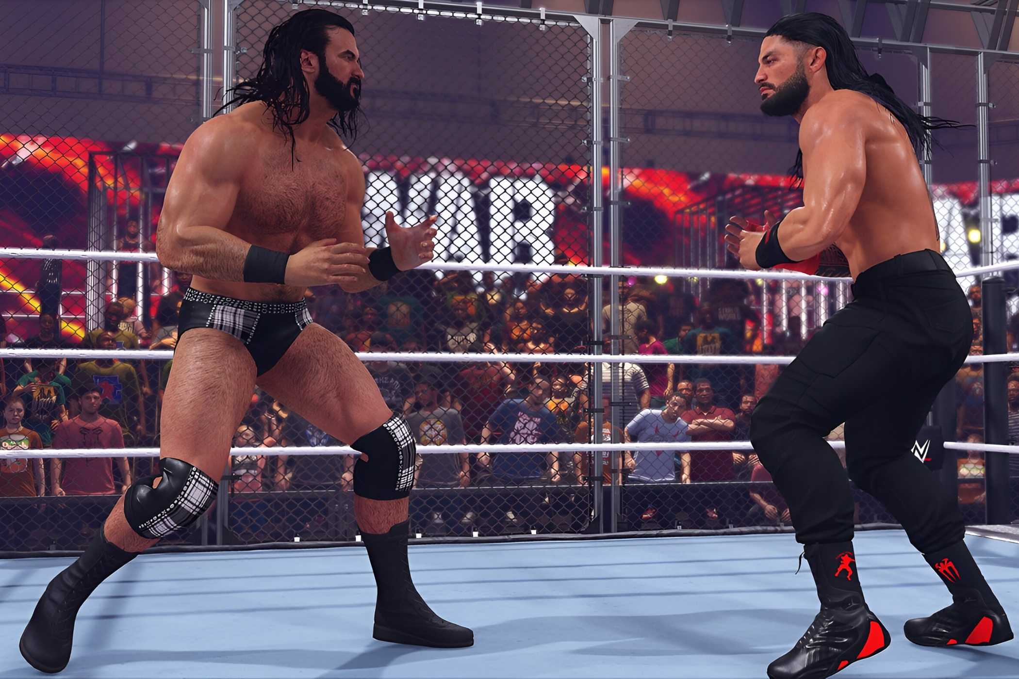 A screenshot from WWE 2K23, showing superstars Drew McIntyre and Roman Reigns combat each other inside the ring.