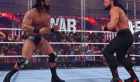 A screenshot from WWE 2K23, showing superstars Drew McIntyre and Roman Reigns combat each other inside the ring.