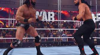 A screenshot from WWE 2K23, showing superstars Drew McIntyre and Roman Reigns combat each other inside the ring.