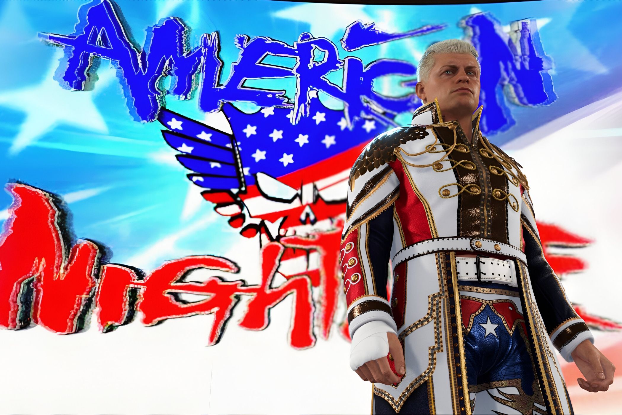 A screenshot from WWE 2K24, showing Cody Rhodes, wearing a red, white, and blue overcoat.