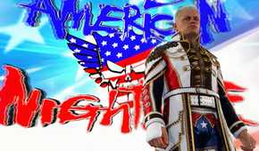 A screenshot from WWE 2K24, showing Cody Rhodes, wearing a red, white, and blue overcoat.