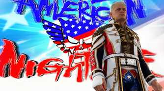 A screenshot from WWE 2K24, showing Cody Rhodes, wearing a red, white, and blue overcoat.