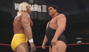 A screenshot from WWE 2K24, showing Hulk Hogan in yellow tights, face off against Andre The Giant, wearing a black singlet, at Wrestlemania III.