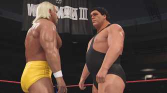 A screenshot from WWE 2K24, showing Hulk Hogan in yellow tights, face off against Andre The Giant, wearing a black singlet, at Wrestlemania III.