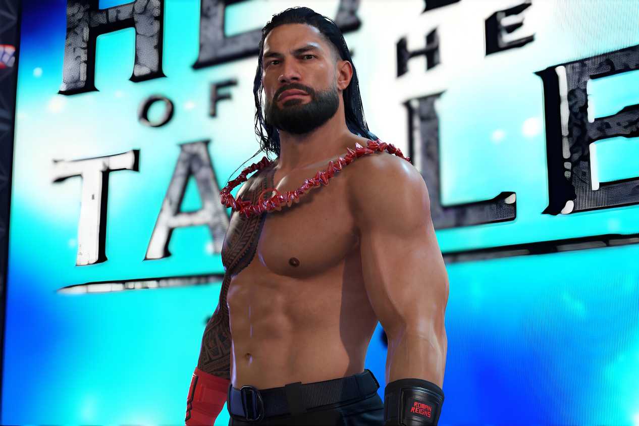 A screenshot from WWE 2K24, showing Roman Reigns wearing an ula fala, a traditional Samoan necklace.