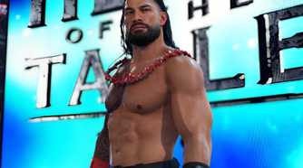 A screenshot from WWE 2K24, showing Roman Reigns wearing an ula fala, a traditional Samoan necklace.