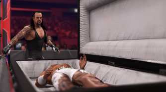 A screenshot from WWE 2K24, showing the Undertaker, wearing a black vest and tights, look over Shawn Michaels who is laying inside a white-lined casket.