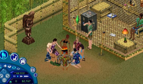 A group of sims around a campfire