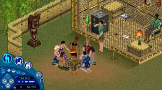 A group of sims around a campfire