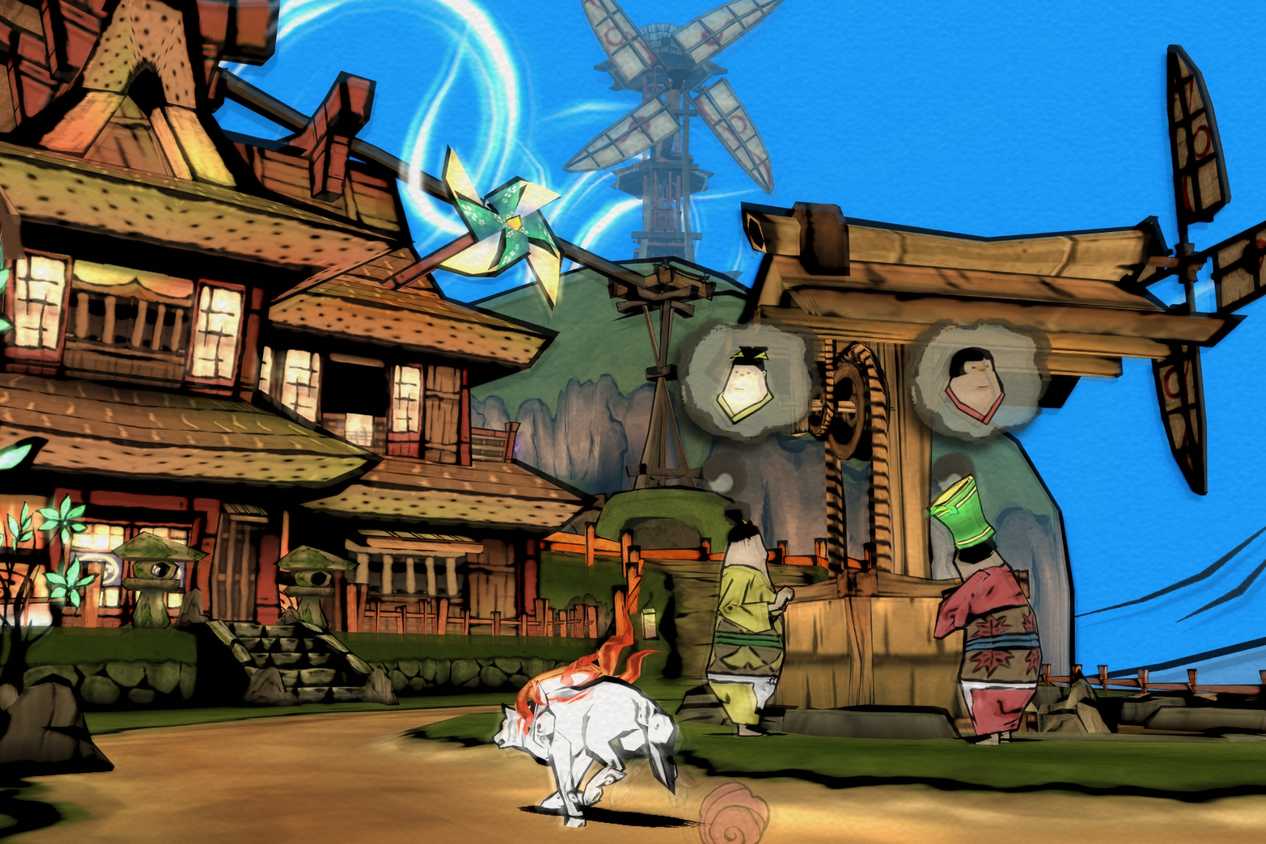 A screenshot from the game Okamii, showing a white wolf running in a township.