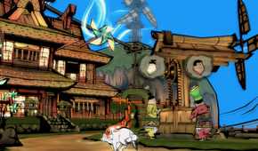 A screenshot from the game Okamii, showing a white wolf running in a township.