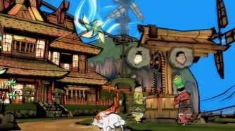A screenshot from the game Okamii, showing a white wolf running in a township.