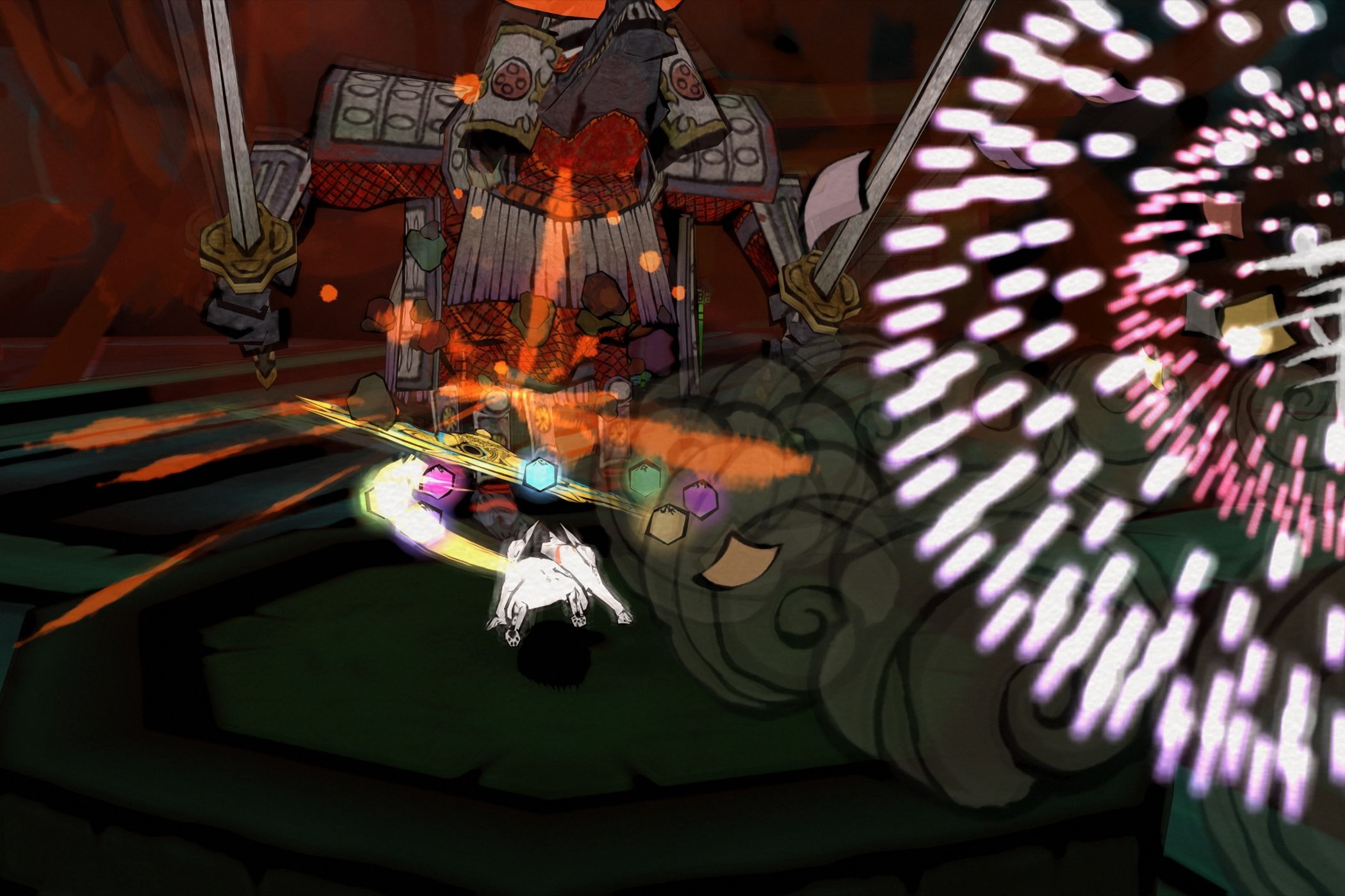 A screenshot from the game Okami, showing a white wolf run around as fireworks envelop the screen.