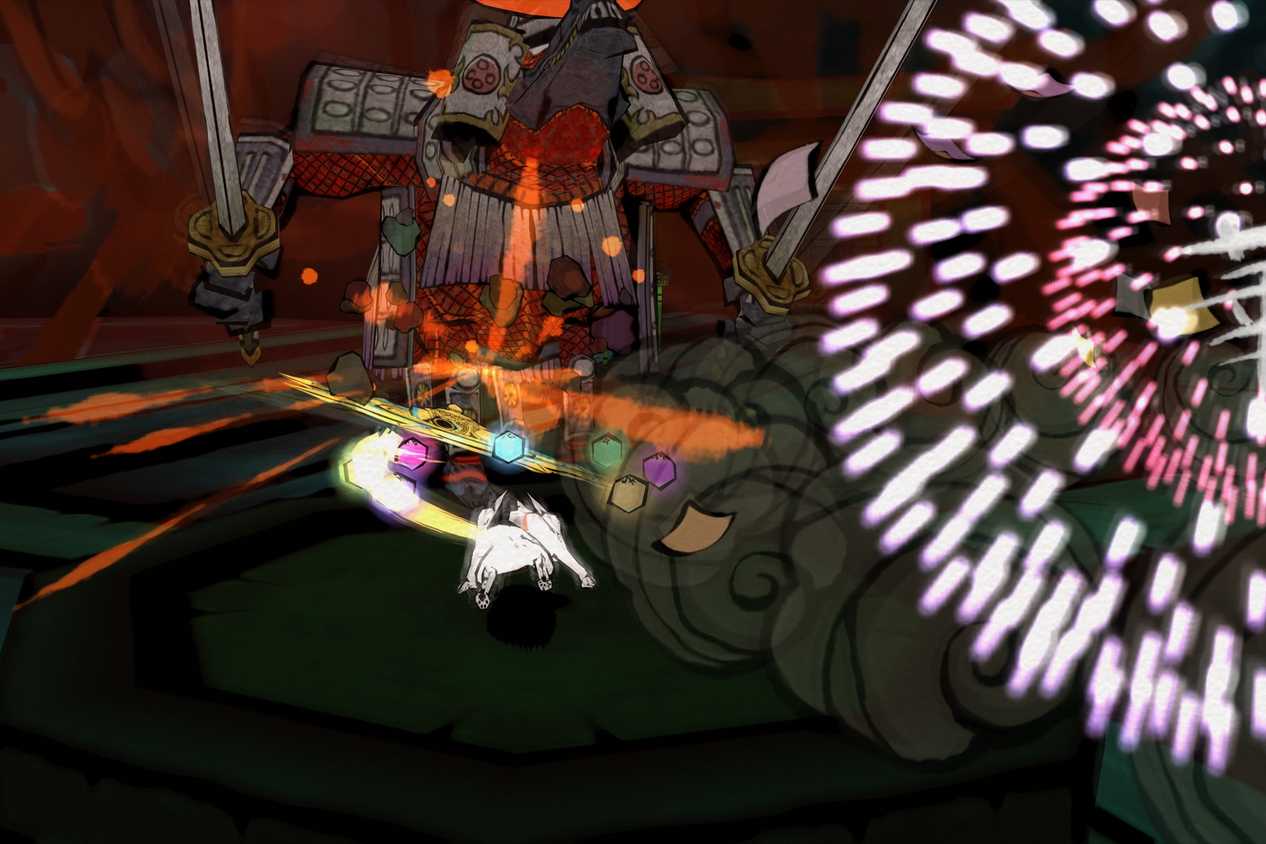 A screenshot from the game Okami, showing a white wolf run around as fireworks envelop the screen.
