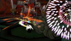 A screenshot from the game Okami, showing a white wolf run around as fireworks envelop the screen.