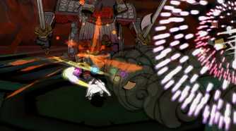 A screenshot from the game Okami, showing a white wolf run around as fireworks envelop the screen.