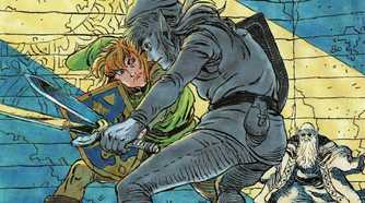Official artwork of Link fighting Shadow Link from The Legend of Zelda 2