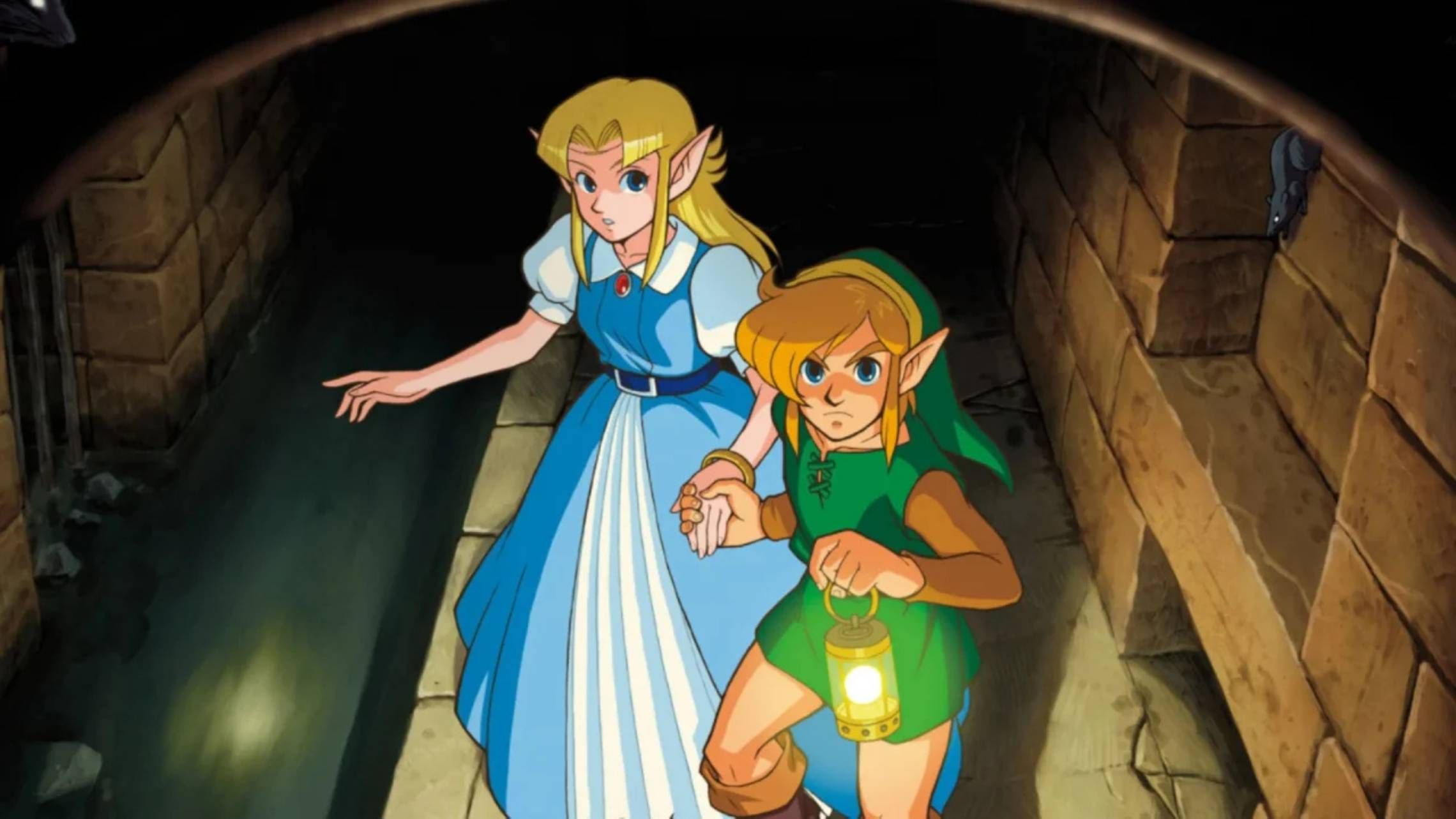 Official artwork from The Legend of Zelda: A Link to the Past of Link helping Zelda escape