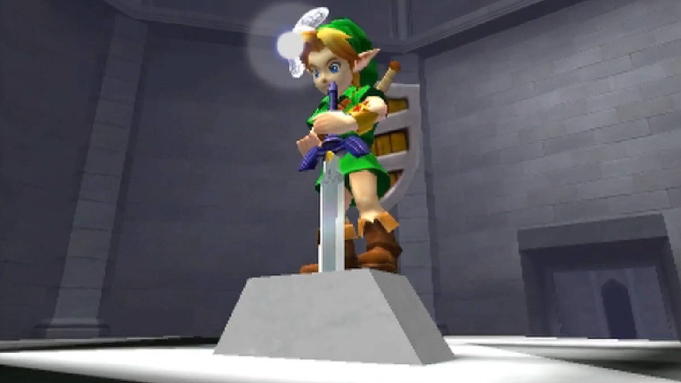 Screenshot of Link pulling out the Master Sword from The Legend of Zelda: Ocarina of Time
