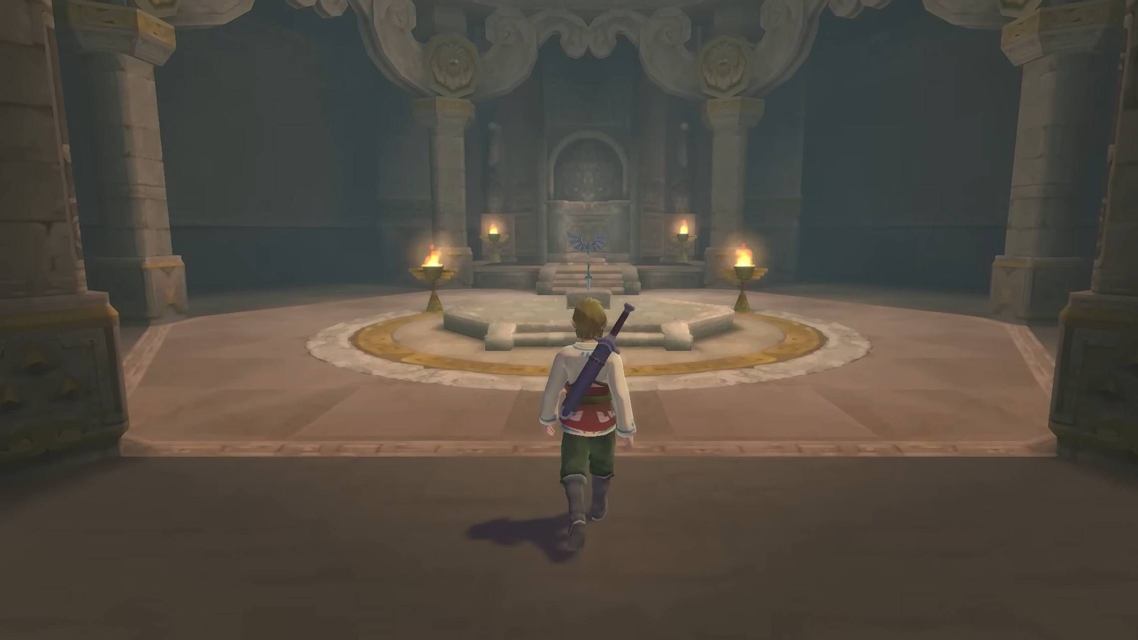 Screenshot of Link walking up to the Master Sword from The Legend of Zelda: Skyward Sword 