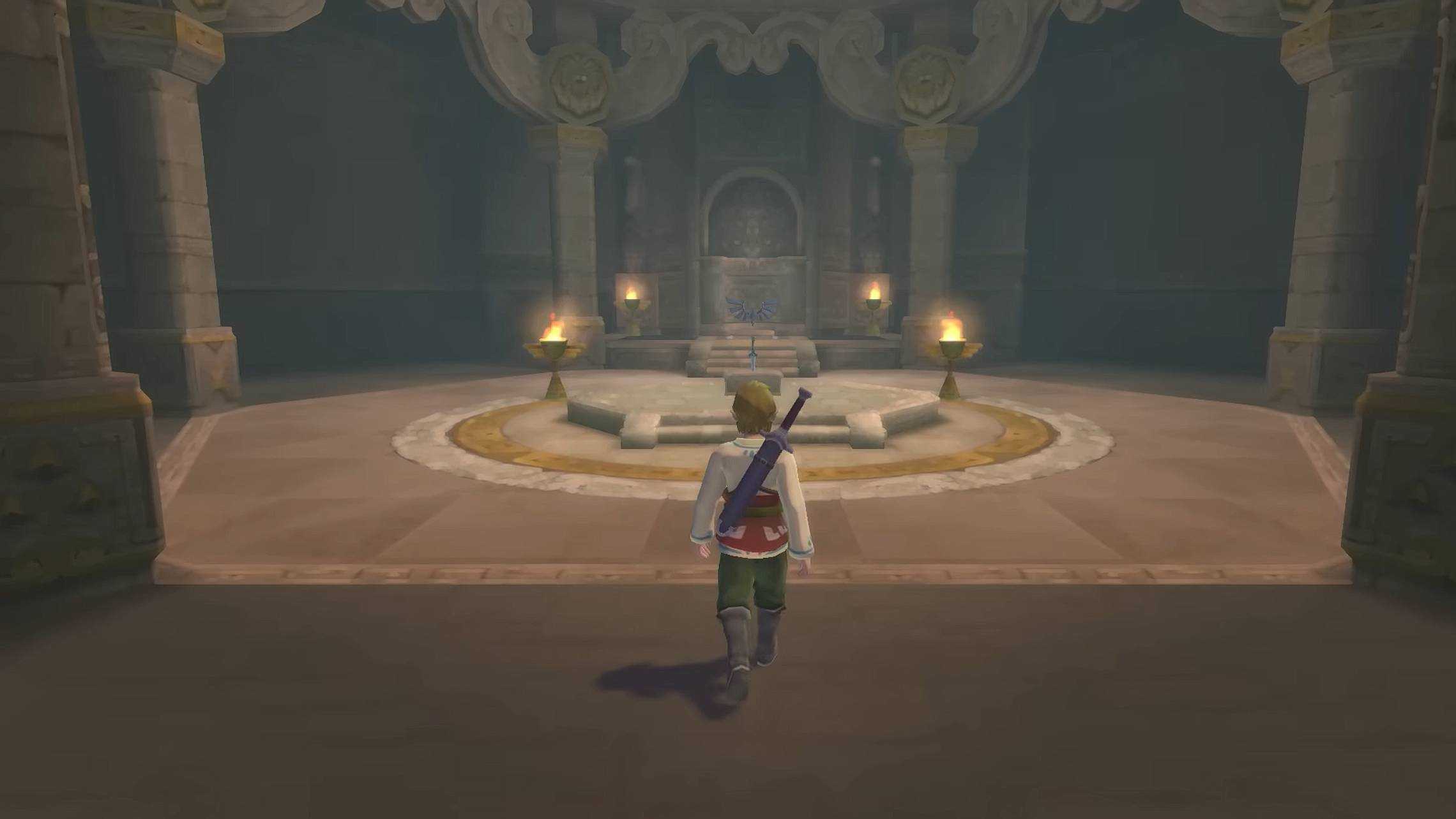 Screenshot of Link walking up to the Master Sword from The Legend of Zelda: Skyward Sword