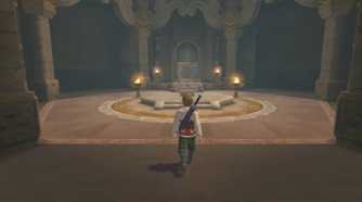 Screenshot of Link walking up to the Master Sword from The Legend of Zelda: Skyward Sword