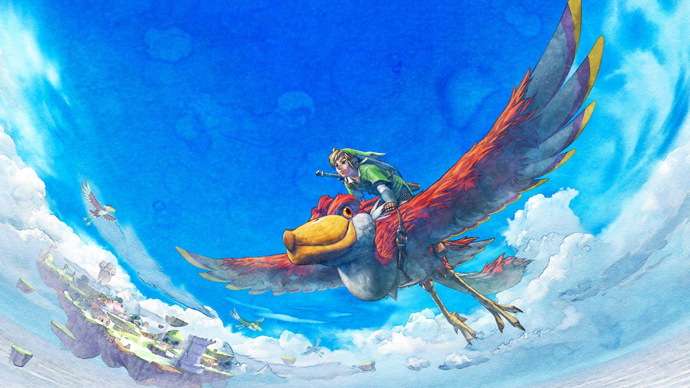 Official artwork of Link riding his loftwing from The Legend of Zelda: Skyward Sword