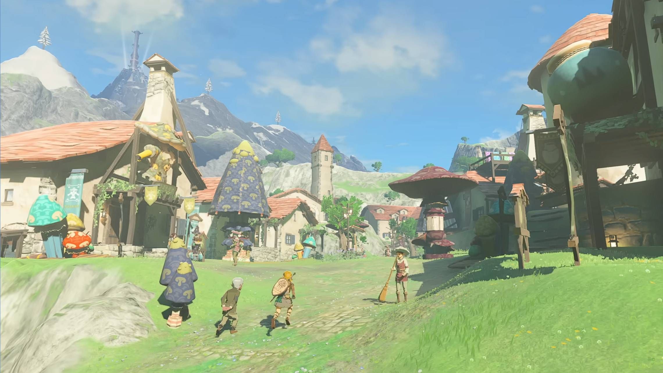 Screenshot of Link running through a town from The Legend of Zelda: Tears of the Kingdom