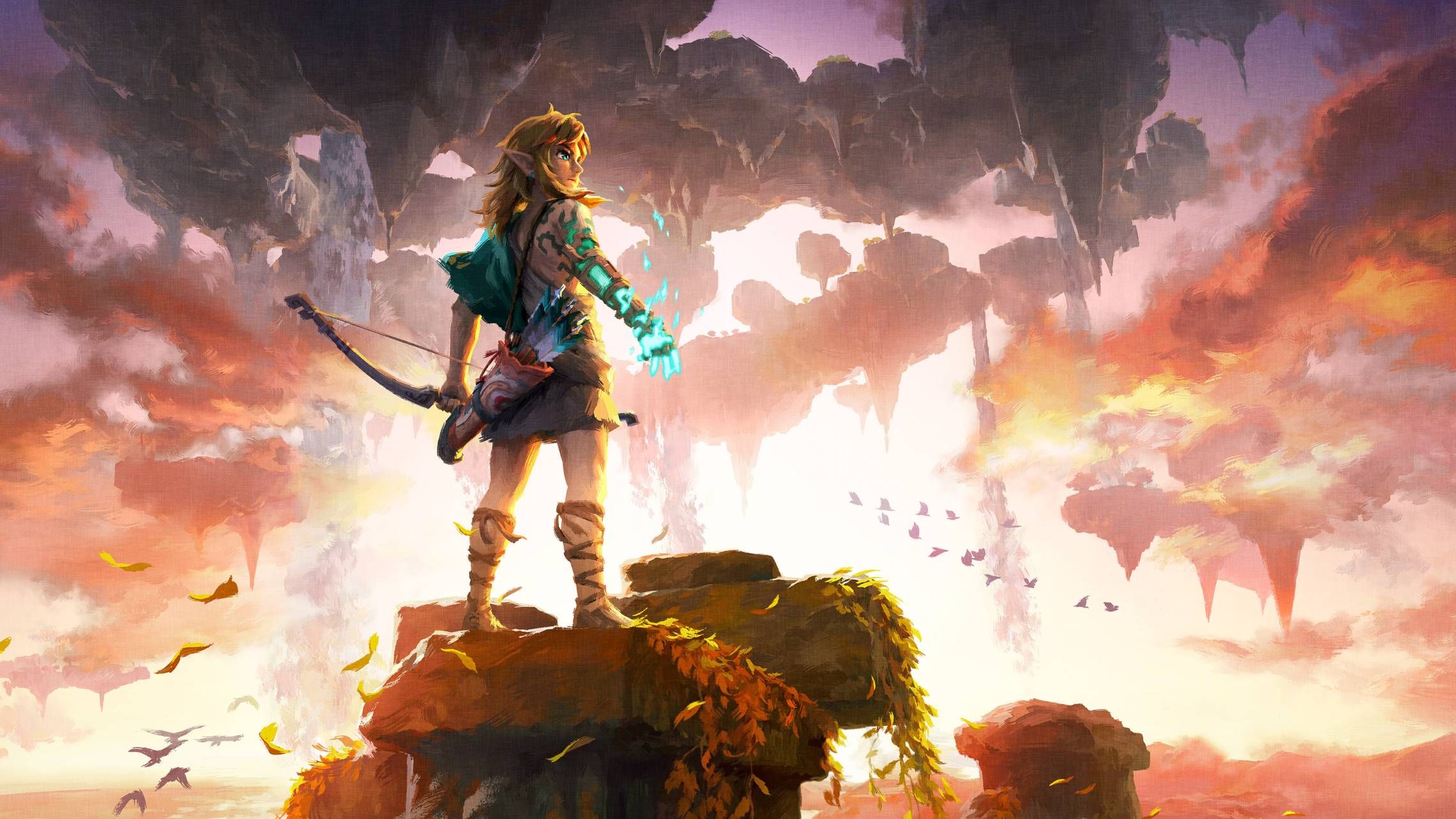Official artwork of Link standing in front of floating islands from The Legend of Zelda: Tears of the Kingdom