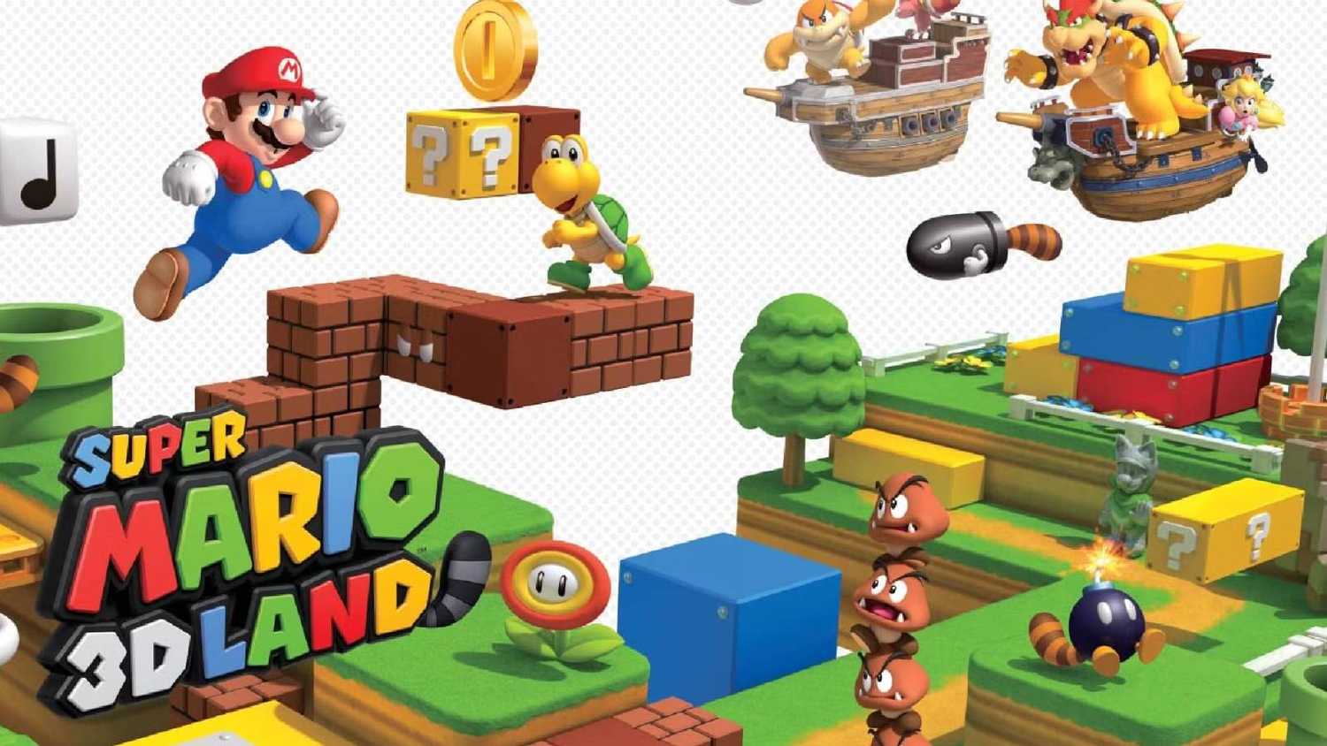 Artwork for Super Mario 3D Land and a bunch of enemies.