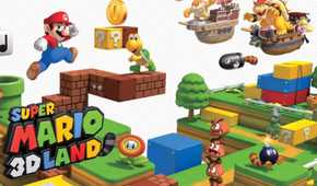 Artwork for Super Mario 3D Land and a bunch of enemies.