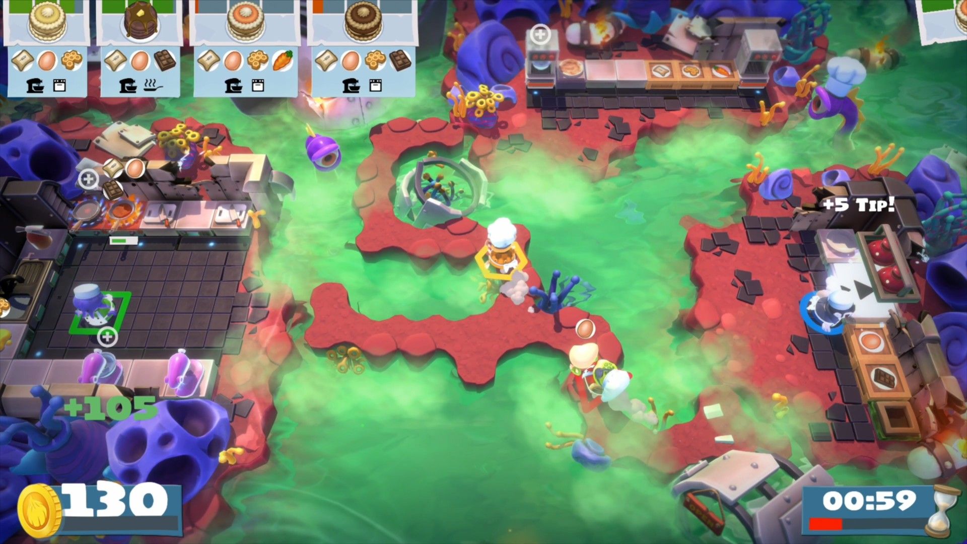 Players navigating a swamp kitchen in Overcooked: All You Can Eat