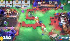 Players navigating a swamp kitchen in Overcooked: All You Can Eat