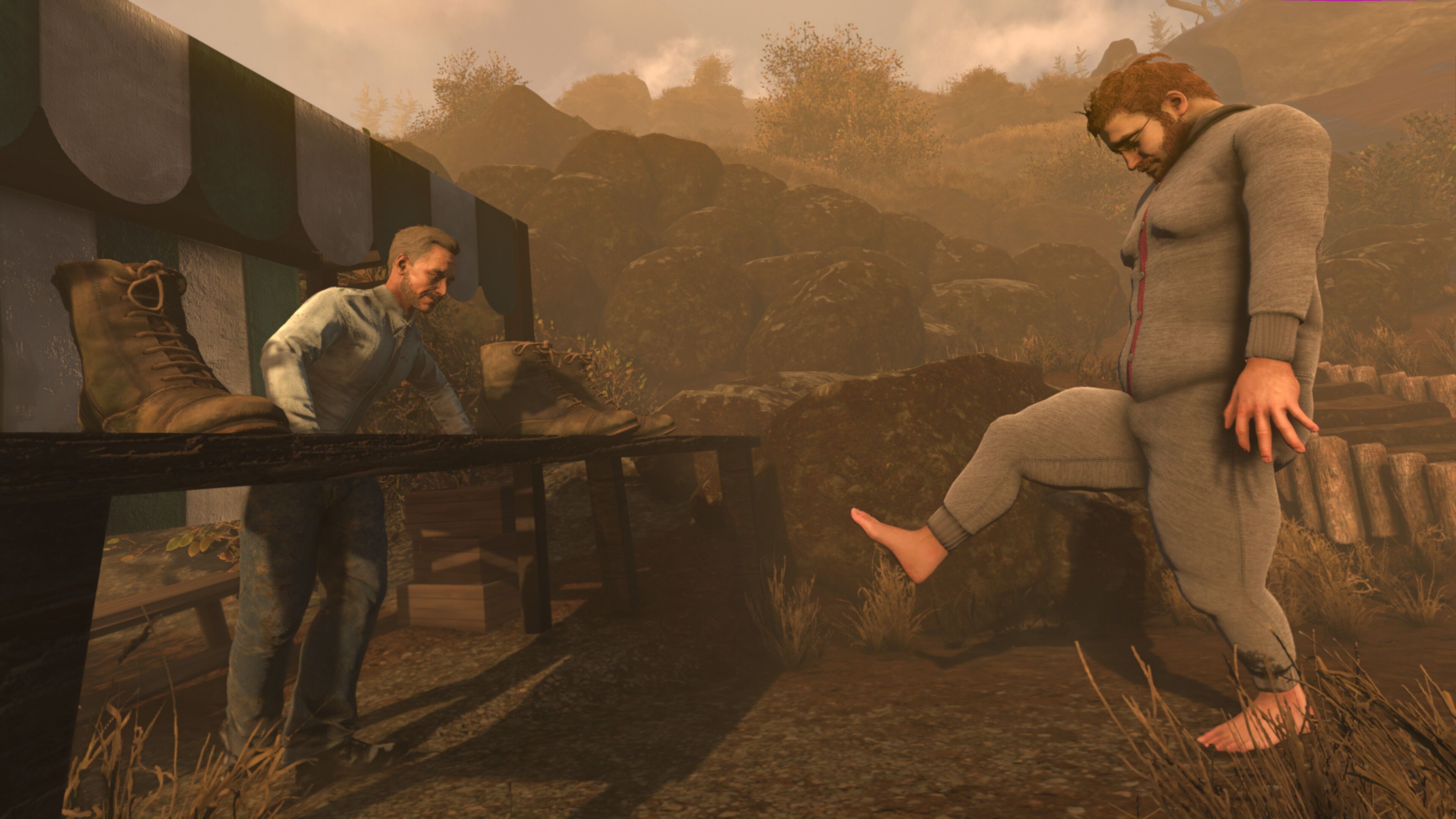 Screenshot from Baby Steps video game of many speaking to another while looking at the first person's bare feet.