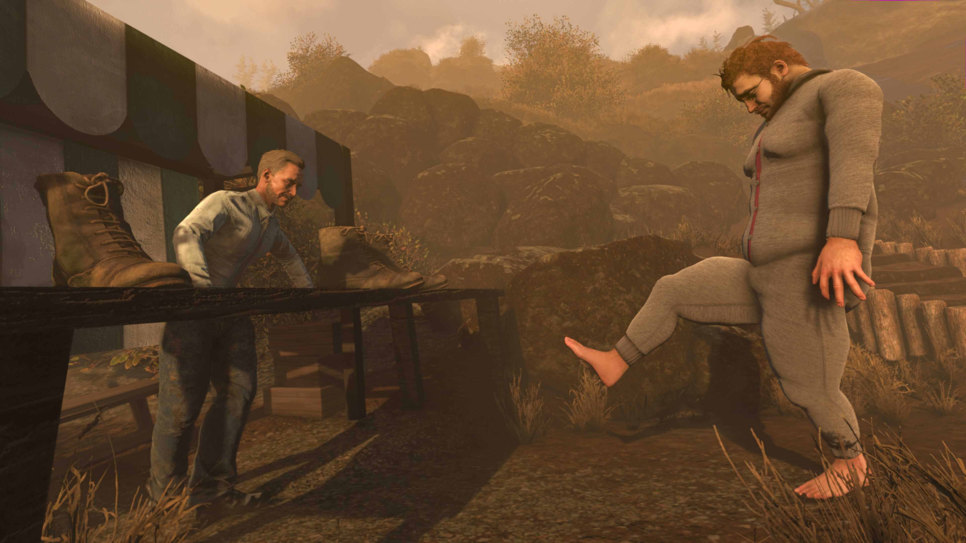 Screenshot from Baby Steps video game of many speaking to another while looking at the first person's bare feet.