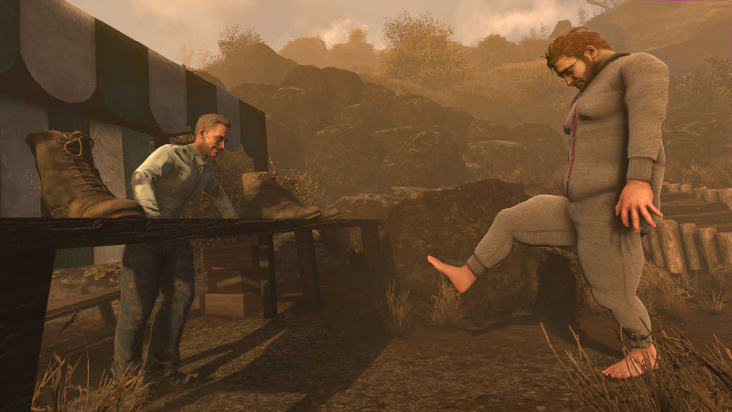Screenshot from Baby Steps video game of many speaking to another while looking at the first person's bare feet.