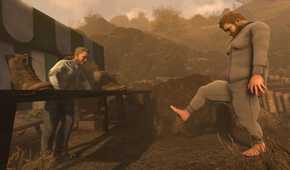 Screenshot from Baby Steps video game of many speaking to another while looking at the first person's bare feet.