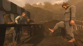 Screenshot from Baby Steps video game of many speaking to another while looking at the first person's bare feet.
