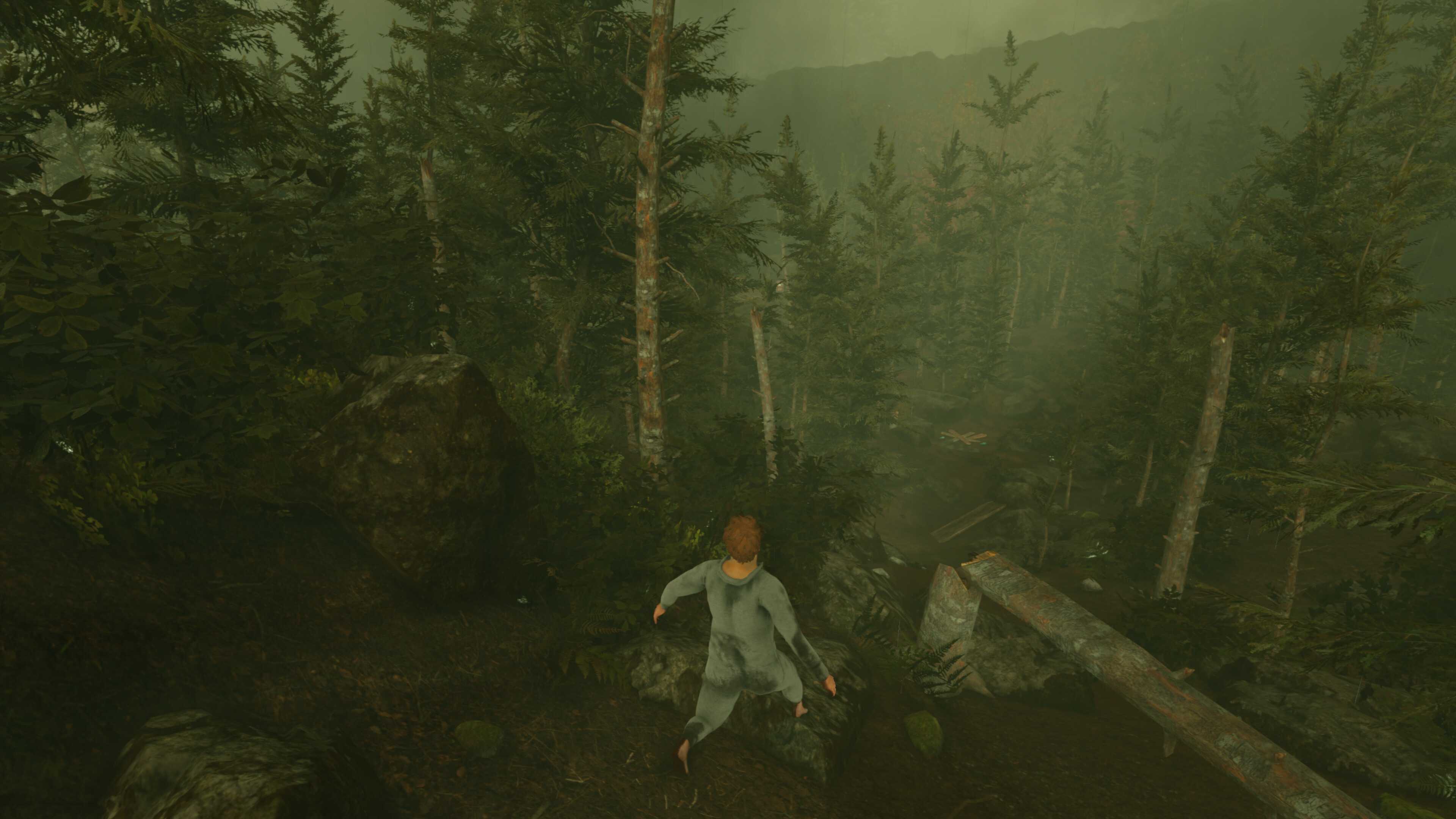 Screenshot from Baby Steps video game of man walking through forest.