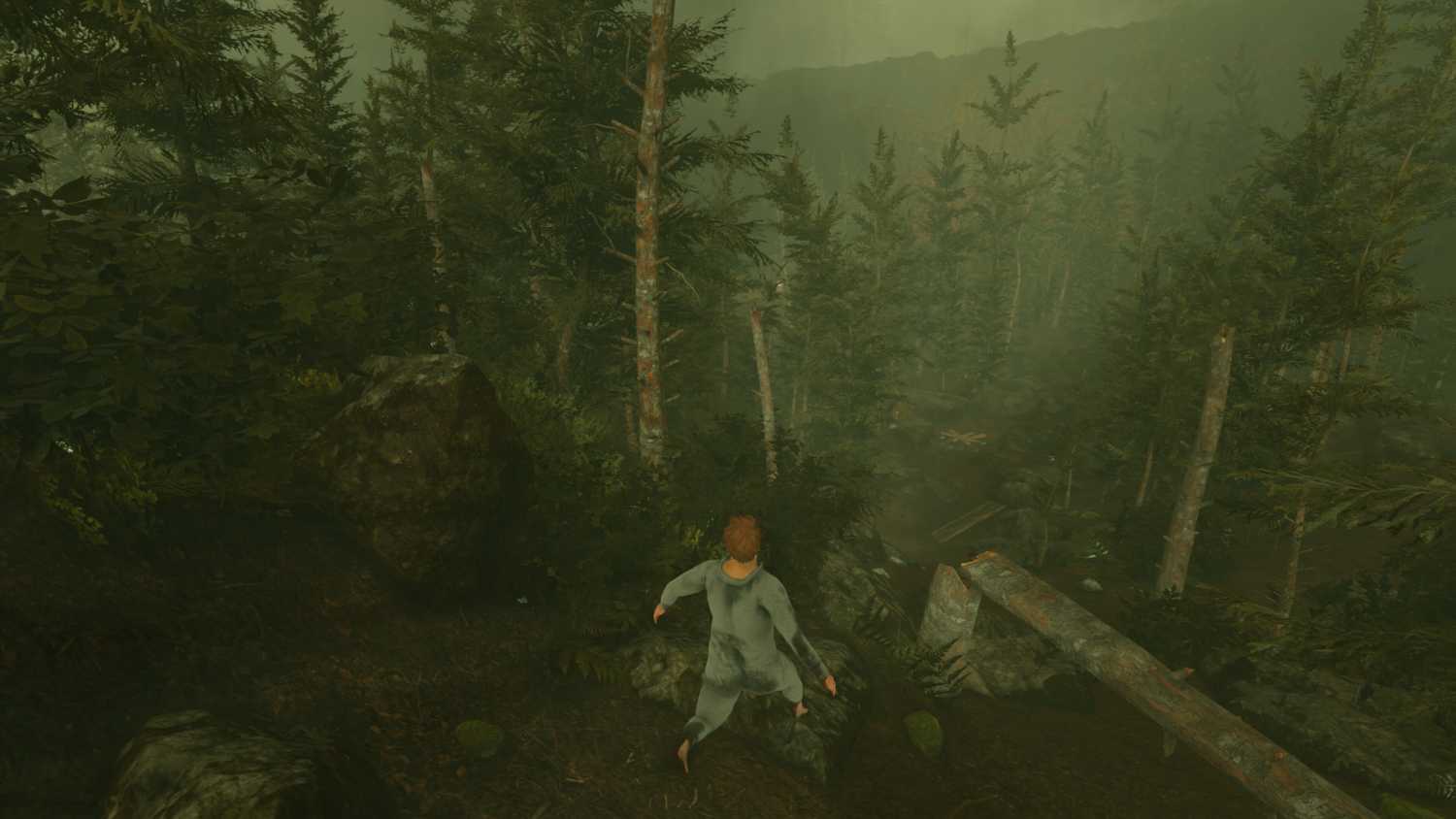 Screenshot from Baby Steps video game of man walking through forest.