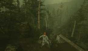 Screenshot from Baby Steps video game of man walking through forest.