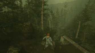 Screenshot from Baby Steps video game of man walking through forest.